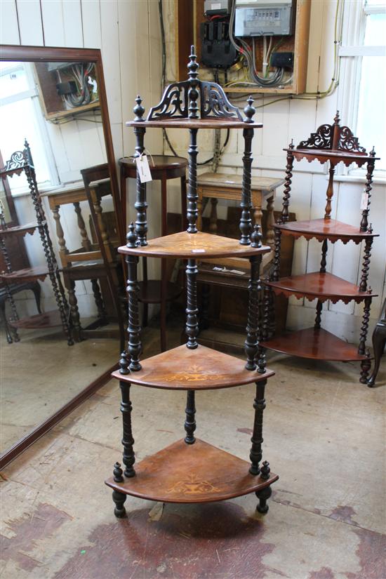 Victorian marquetry & walnut bow-fronted four-tier corner whatnot